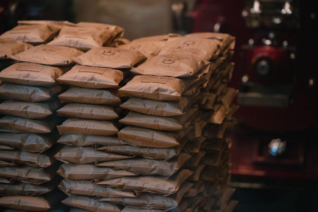 Warehouse stacked packages on pallets